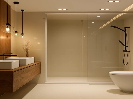 Stijlvolle en volledig vernieuwde badkamer met moderne douche en elegante wastafel, gerealiseerd door ZNAR Bouw