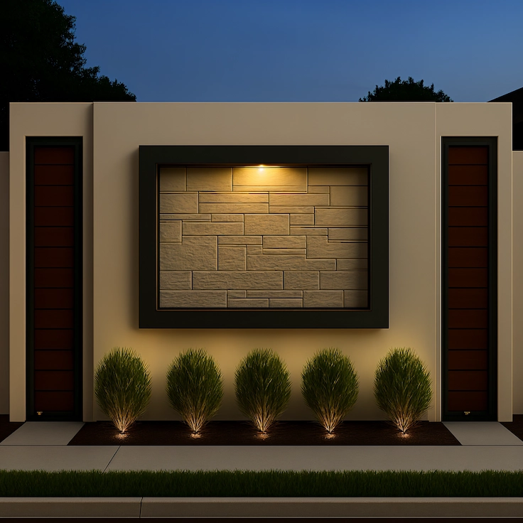 Modern ontwerp van de buitenmuur met georganiseerde groene bomen om de natuurlijke schoonheid te versterken